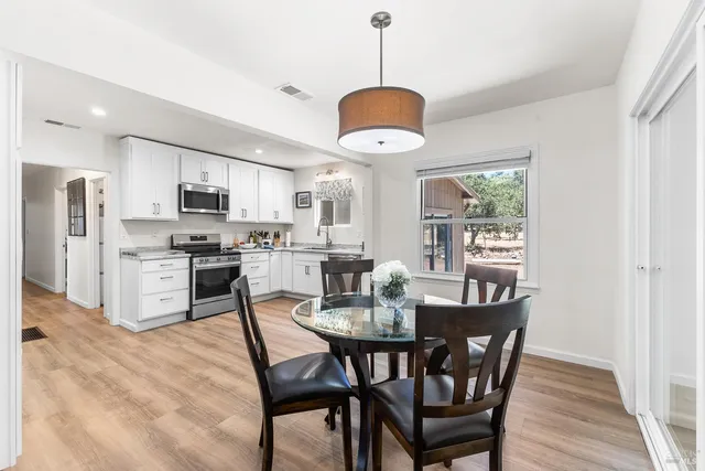 a view of a dining room with furniture window and wooden floor
