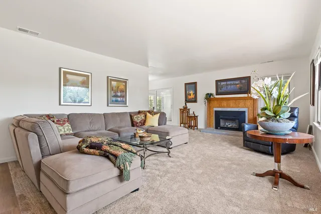 a living room with furniture a fireplace and a potted plant
