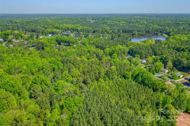 an aerial view of residential houses with outdoor space and trees