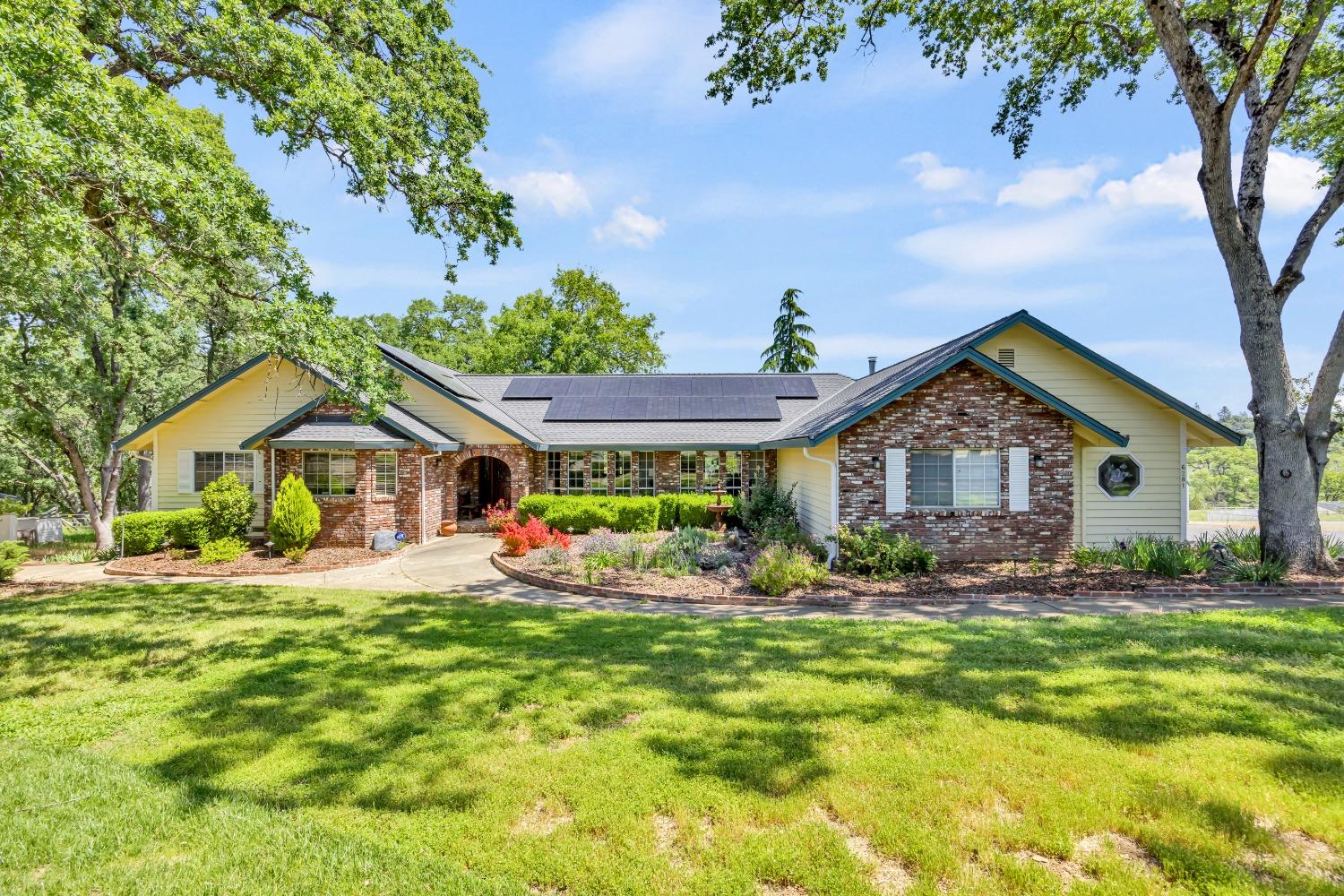 a front view of a house with a yard and trees