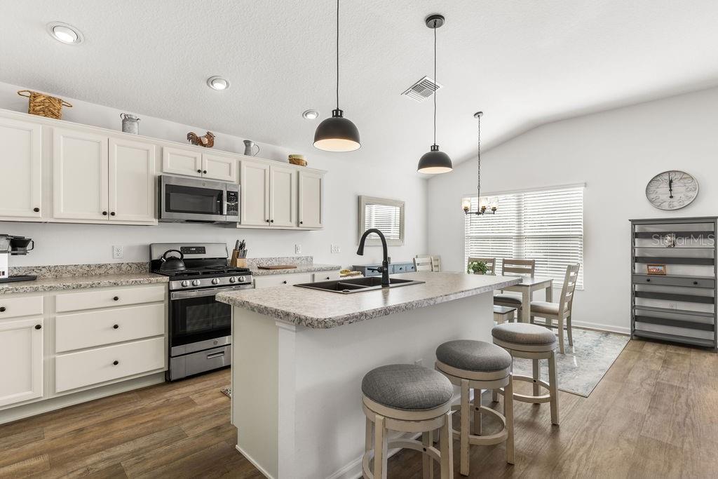 2938 Chimborazo Way The Villages, FL 32163 - Photo 29 of 50 a kitchen with stainless steel appliances kitchen island granite countertop a stove a sink and a refrigerator with wooden floor