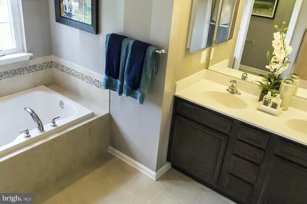 a bathroom with a tub sink and mirror