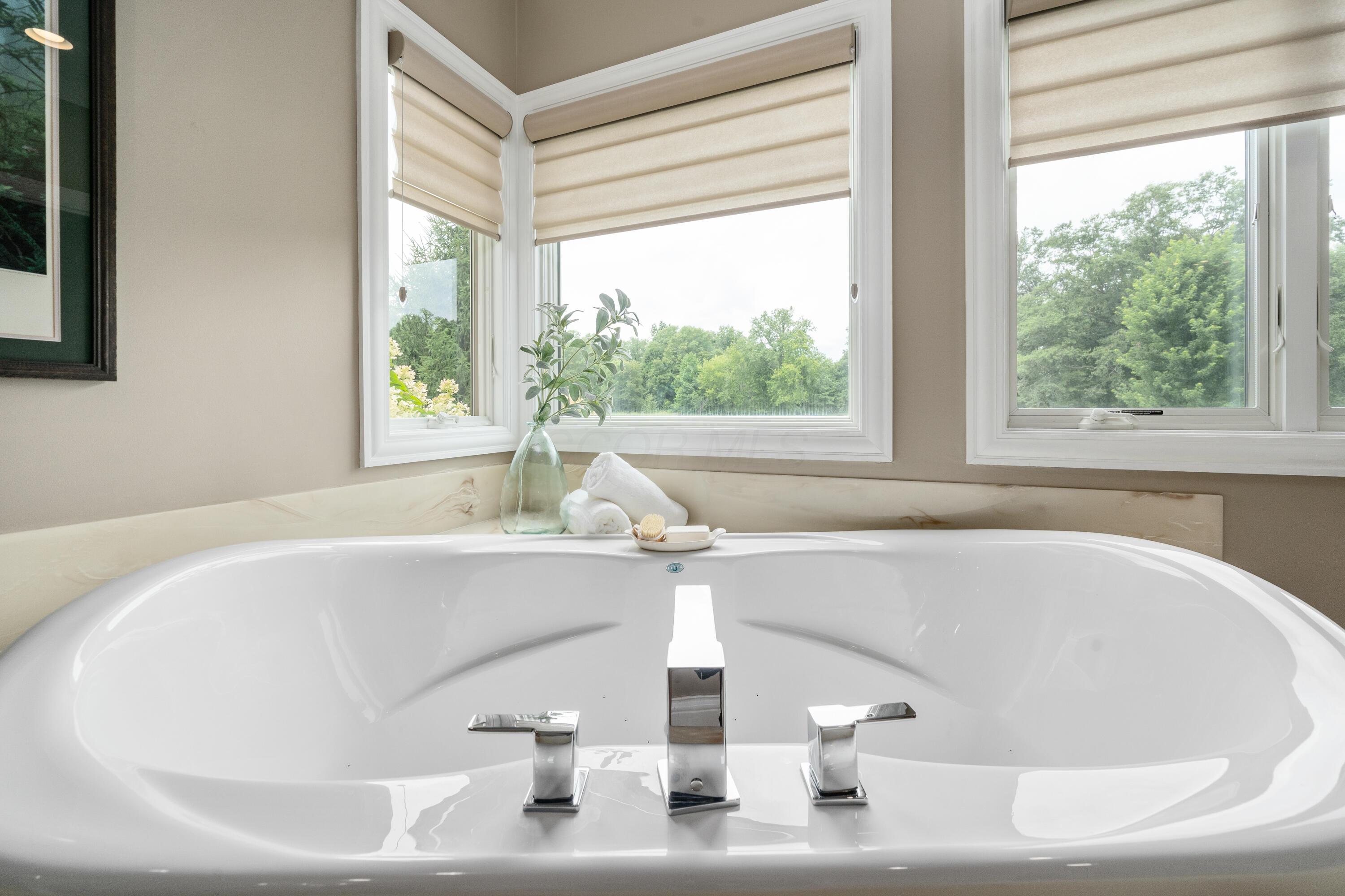 4640 Maynard Road Delaware, OH 43015 - Photo 40 of 91 Freestanding soaking tub with chrome fixtures, surrounded by multiple windows featuring privacy blinds, and a light-toned countertop