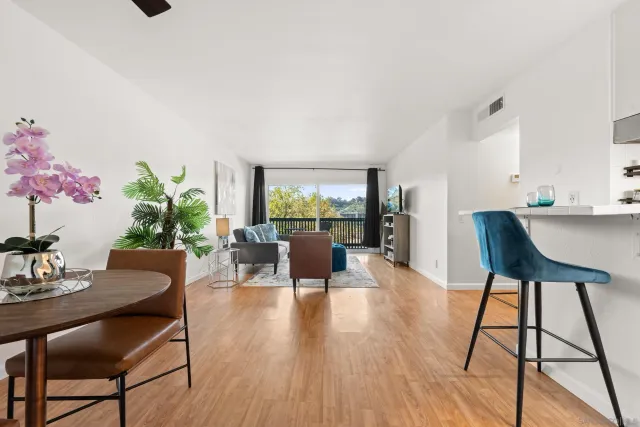 a living room with furniture and a potted plant