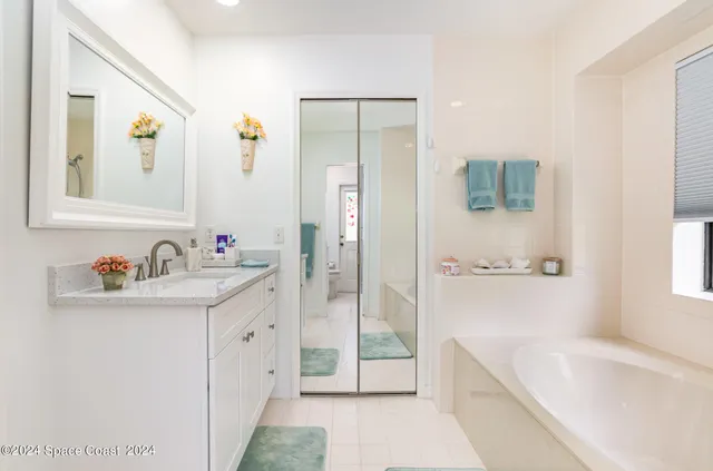 a bathroom with a bathtub sink and mirror
