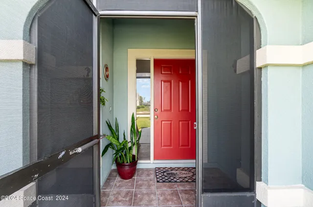 a potted plant in front of a door