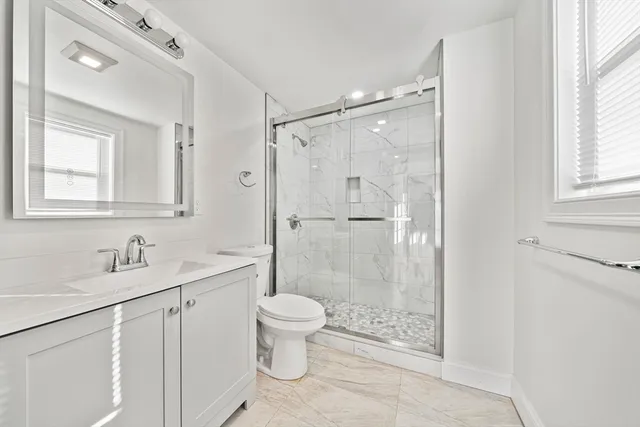 a bathroom with a shower sink vanity mirror and toilet