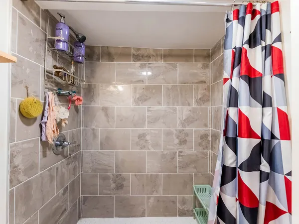 a bathroom with a bathtub and a shower