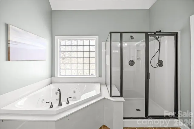 a bathroom with a bathtub and a shower