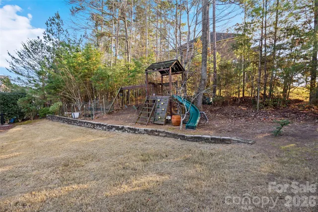 a view of a park with large trees