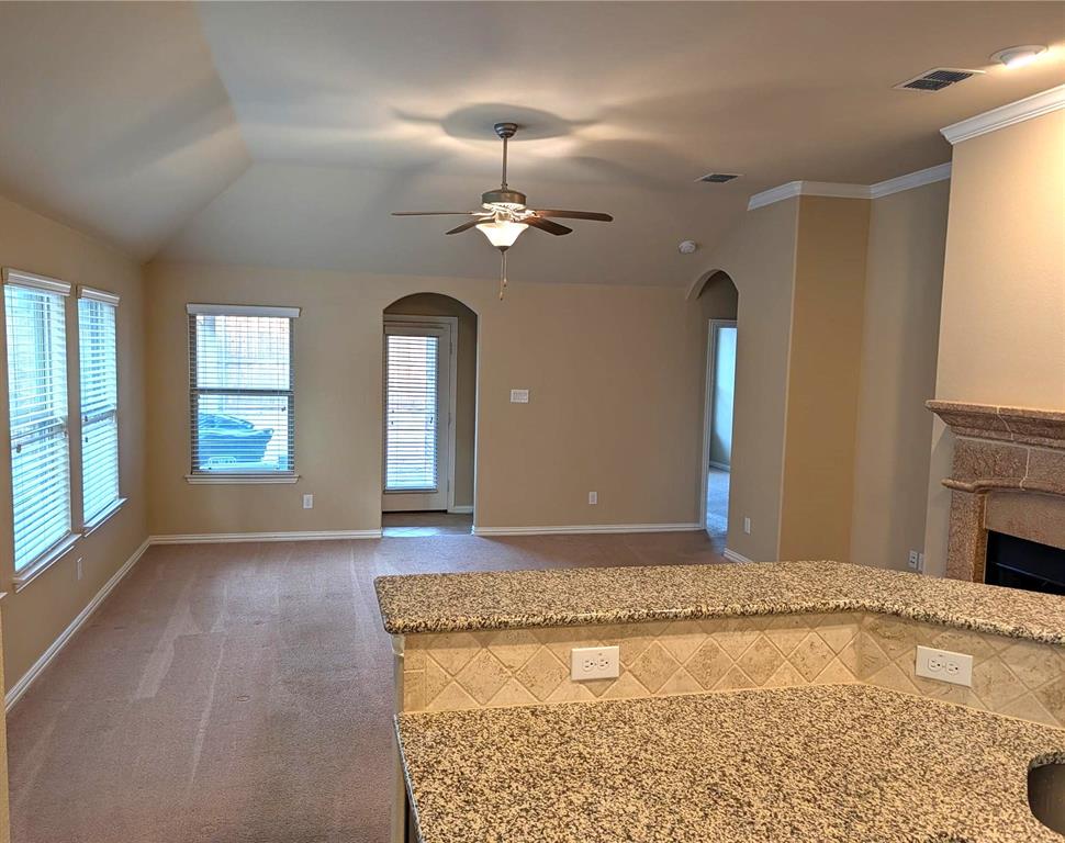 11821 Beach Street Frisco, TX 75036 - Photo 38 of 38 Kitchen featuring open floor plan, carpet flooring, ceiling fan, light stone countertops, and a premium fireplace