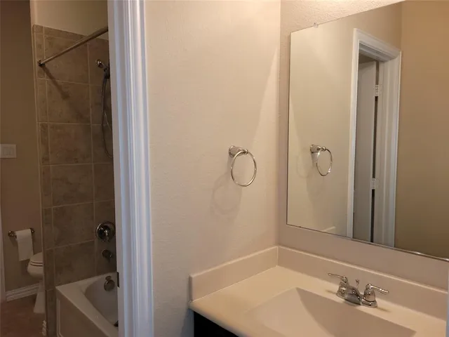 a bathroom with a sink vanity tub and a mirror
