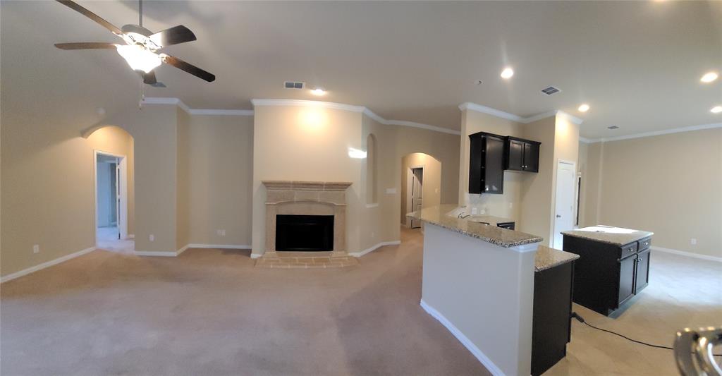 11821 Beach Street Frisco, TX 75036 - Photo 34 of 38 Kitchen with dark cabinetry, light stone counters, light carpet, arched walkways, and ornamental molding