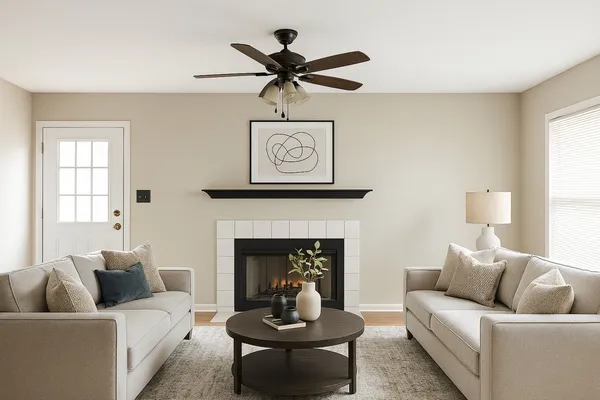 a living room with furniture and a fireplace