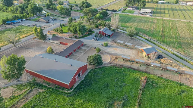 an aerial view of a house with a garden and trees