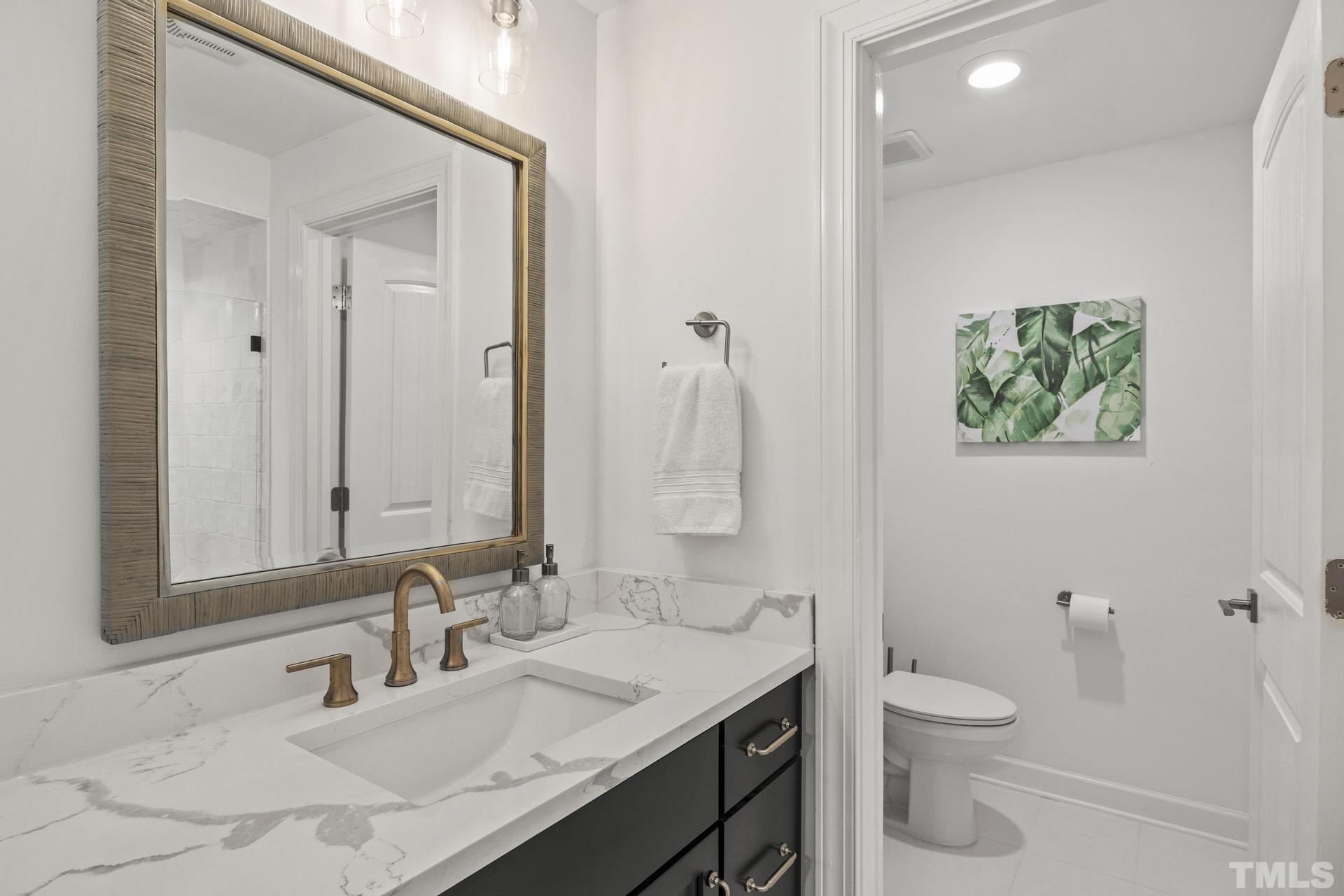 4816 Radcliff Road Raleigh, NC 27609 - Photo 41 of 52 a bathroom with a granite countertop sink a large mirror a toilet and a shower