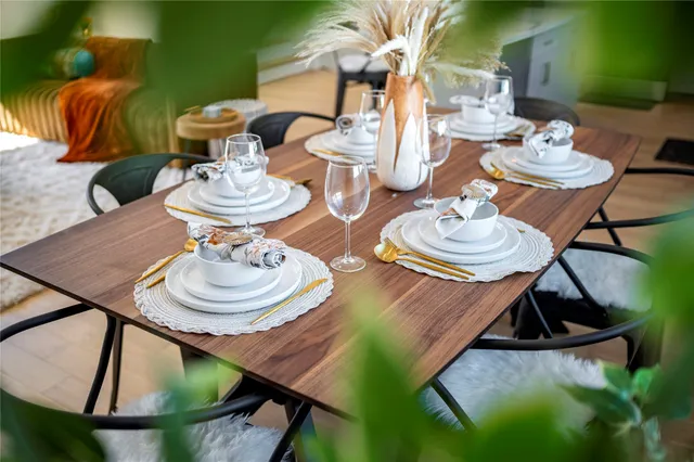 a dining room with wooden floor