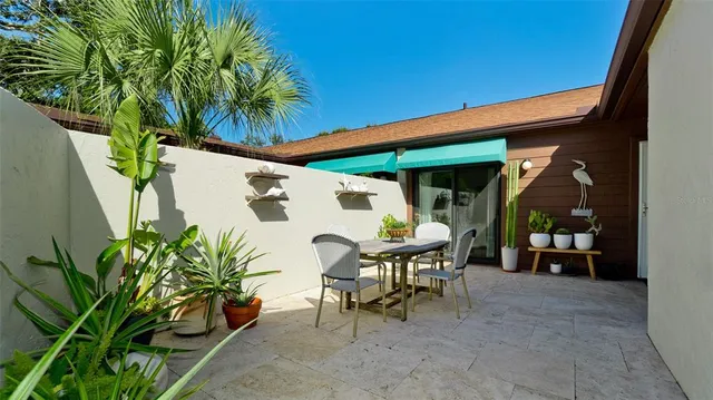 an outdoor view with patio