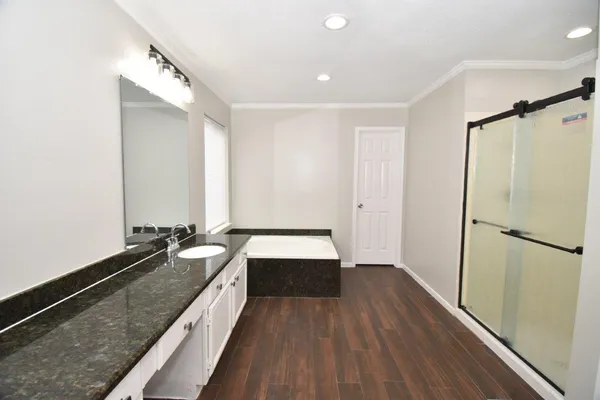 a spacious bathroom with a granite countertop double vanity sink a mirror and a bathtub
