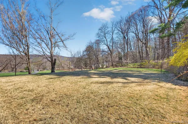 a view of a yard with large trees