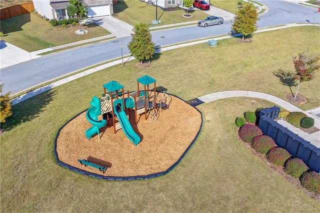 an aerial view of a swimming pool