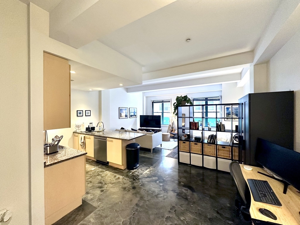 40 Fay Street, Unit 207 Boston, MA 02118 - Photo 5 of 9 a living room with stainless steel appliances furniture a rug and a kitchen view