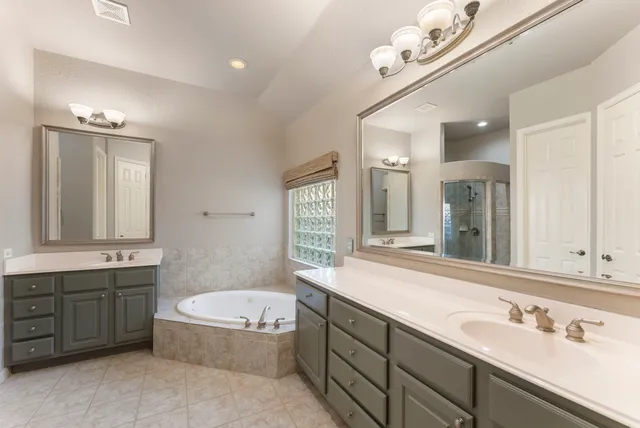 a bathroom with a double vanity sink a large mirror a bathtub and