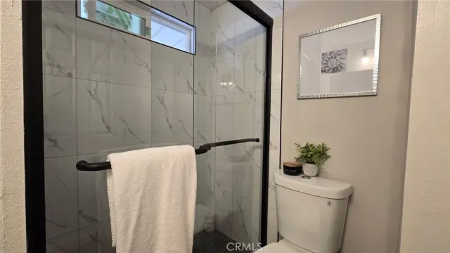 a bathroom with a shower and a toilet