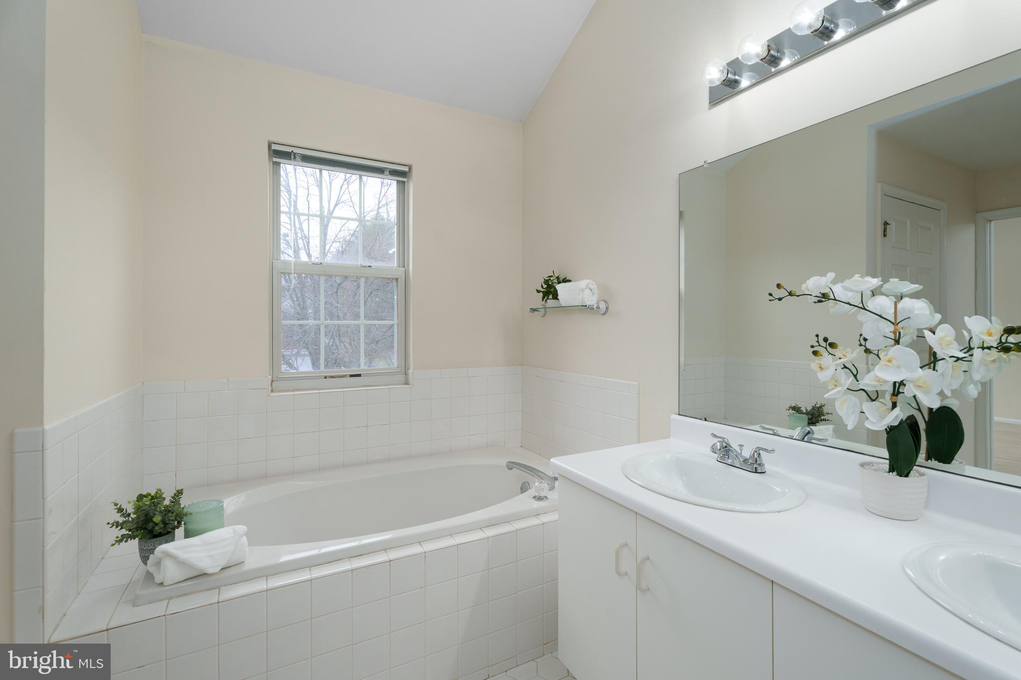 610 Bollen Court Pennington, NJ 08534 - Photo 20 of 30 a bathroom with a granite countertop sink a large mirror and a bathtub