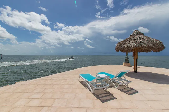 a view of a swimming pool and lounge chairs in back yard of the house