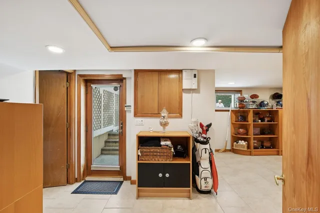 a view of a room with shelves