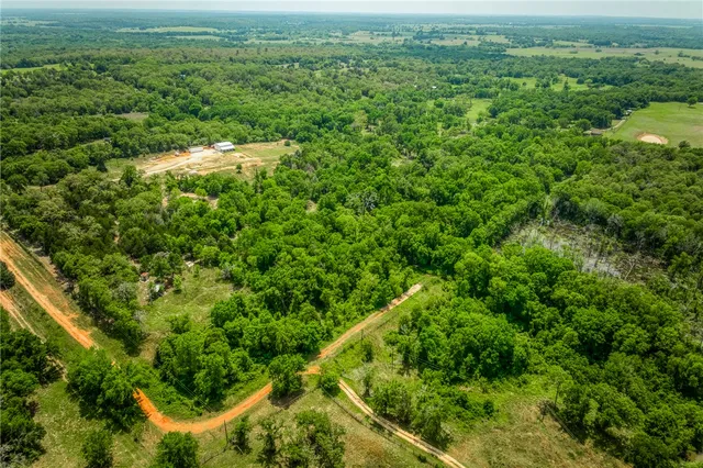 an aerial view of residential houses with outdoor space and trees