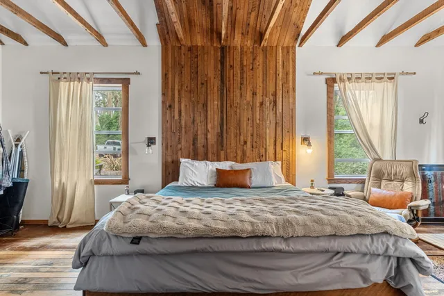 a view of a park with large trees