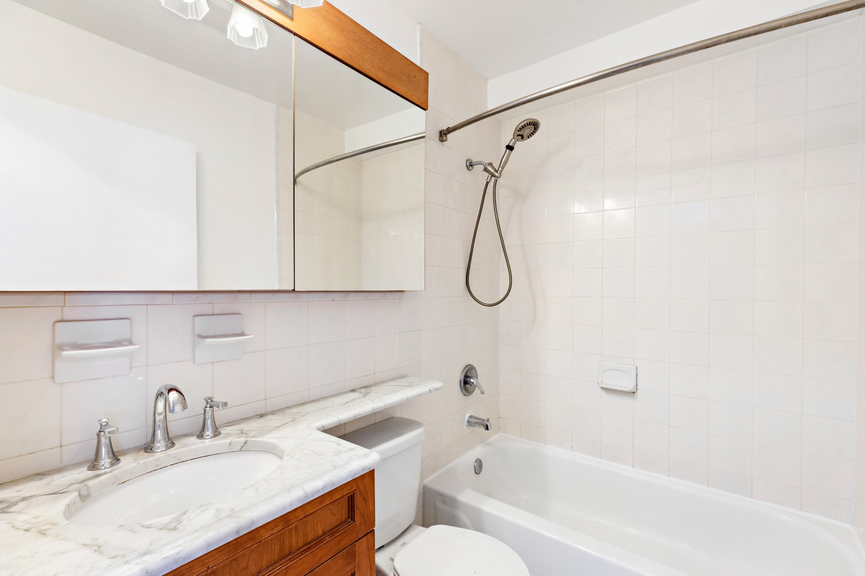 56 Ferguson Street, Unit C2 Newark, NJ 07105 - Photo 13 of 16 a bathroom with a sink vanity granite tub shower and a mirror