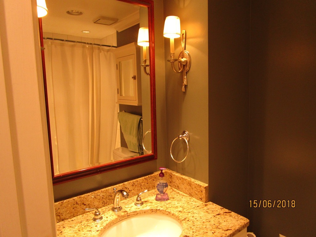 390 Commonwealth Avenue, Unit 210 Boston, MA 02215 - Photo 20 of 30 a bathroom with a granite countertop sink and a shower curtain