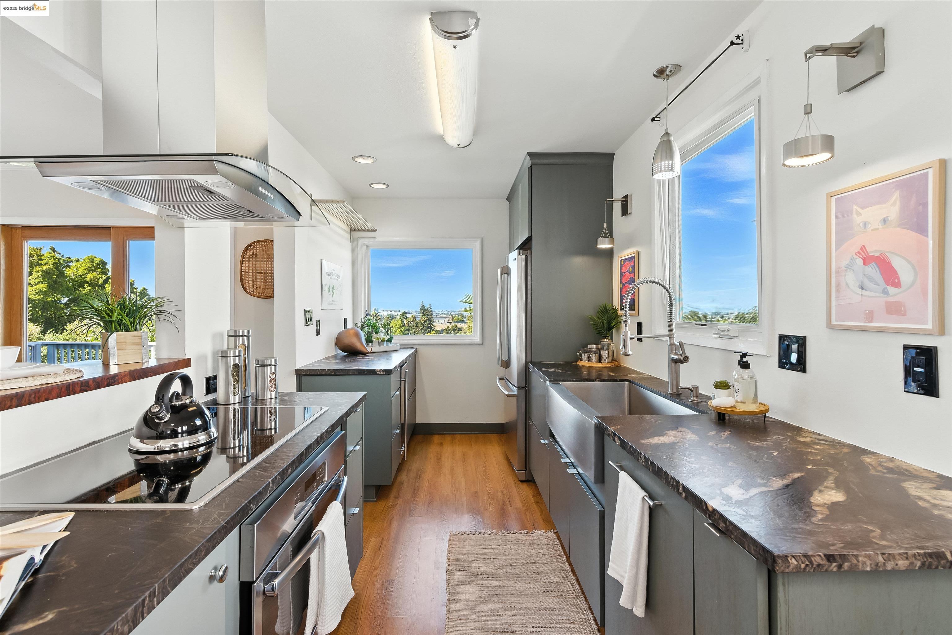 6623 Outlook Avenue Oakland, CA 94605 - Photo 12 of 38 Kitchen with dark countertops, gray cabinets, dark wood-style floors, island range hood, and stainless steel appliances