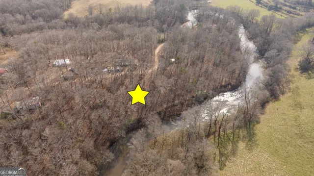 a view of a lake in between the bunch of trees