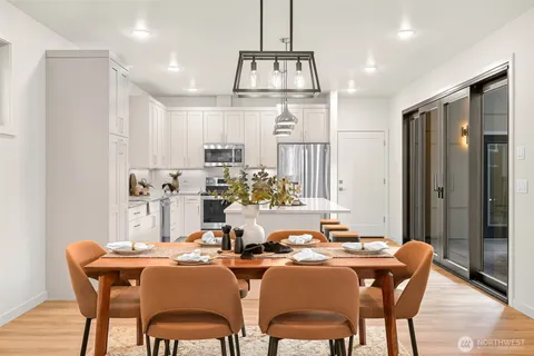 a view of a dining room with furniture