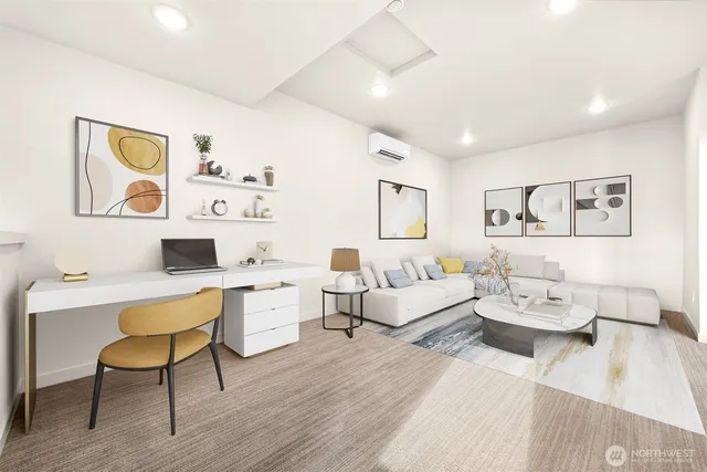 a living room with furniture and white walls