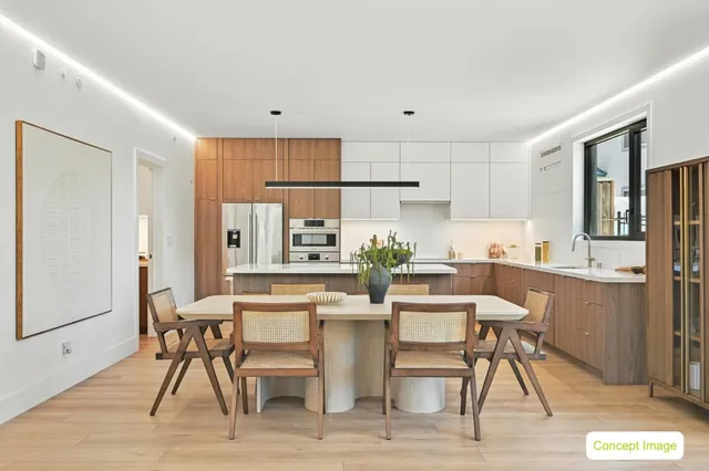 a view of a dining room with furniture