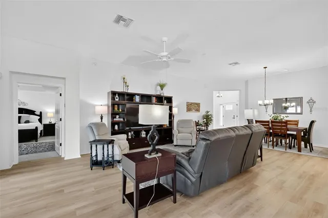 a view of a dining room with furniture