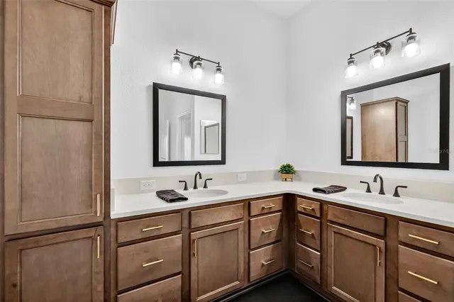 a bathroom with a double vanity sink mirror and shower