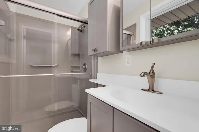 a bathroom with a sink a toilet and shower