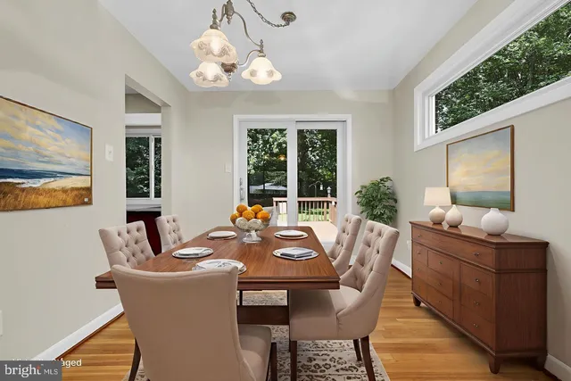 a view of a dining room with furniture wooden floor and chandelier