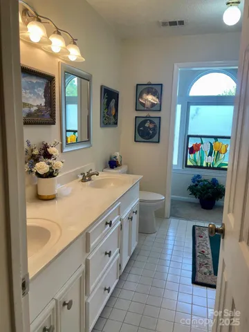 a bathroom with a sink a toilet and mirror