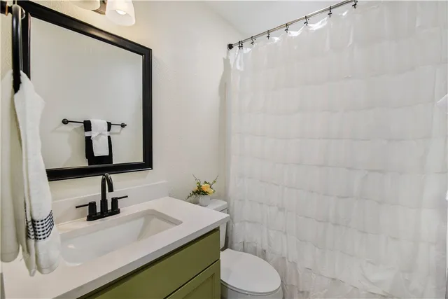 a bathroom with a sink a toilet and shower curtain
