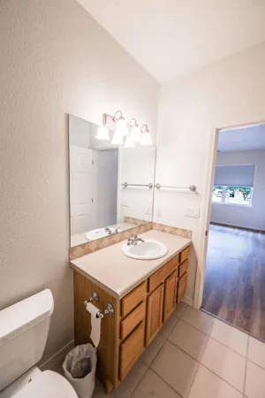 a bathroom with a sink a toilet and mirror