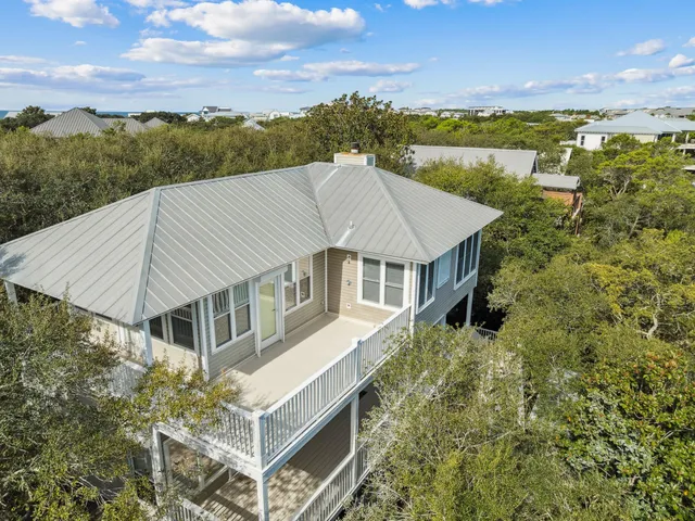 a view of a yard with plants and trees