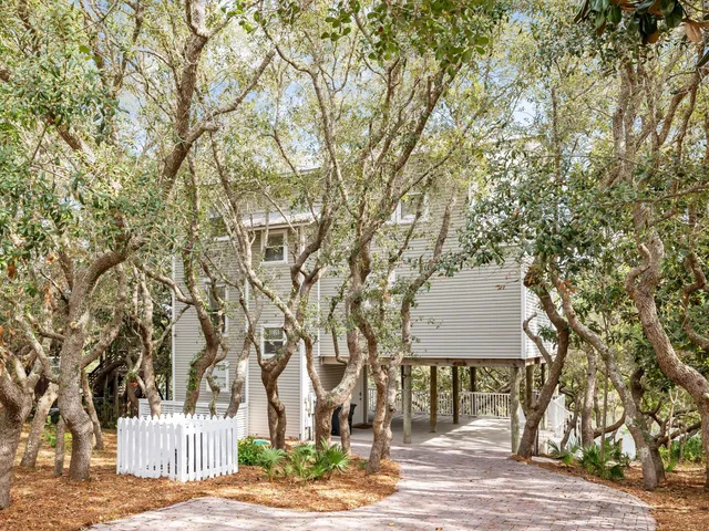 a front view of a house with a tree