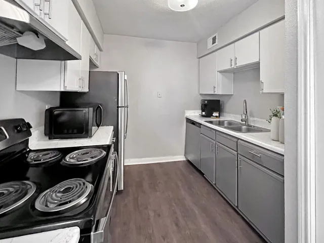 a kitchen with a stove and a sink